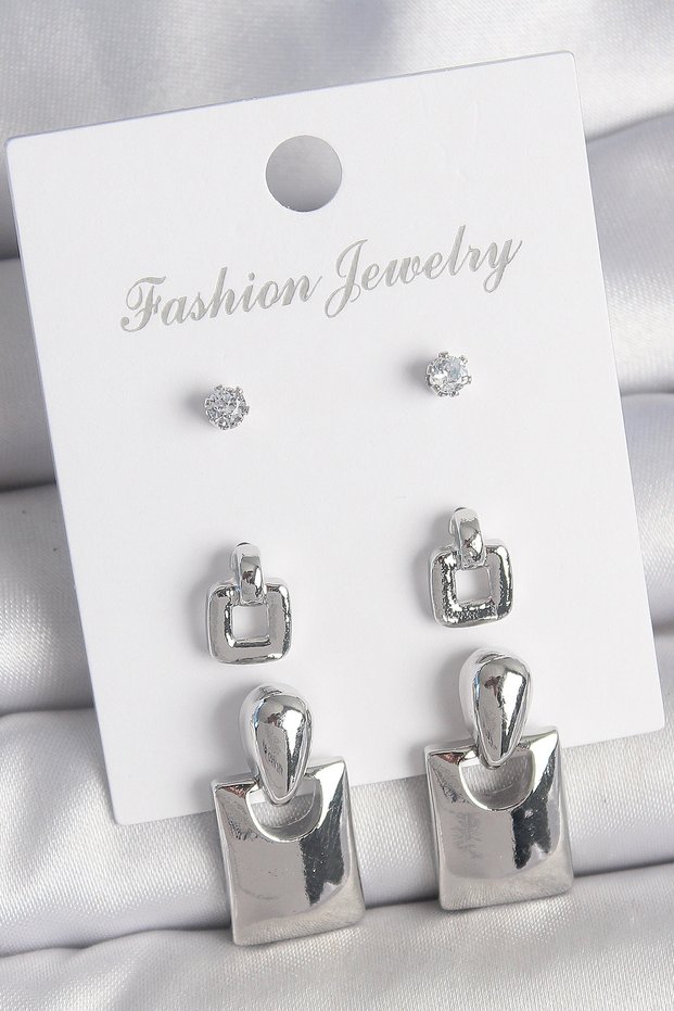 Brass Silver Color Zircon Stone Detail Dangle Square Model 3 Pairs Women Earrings Set Sl11860