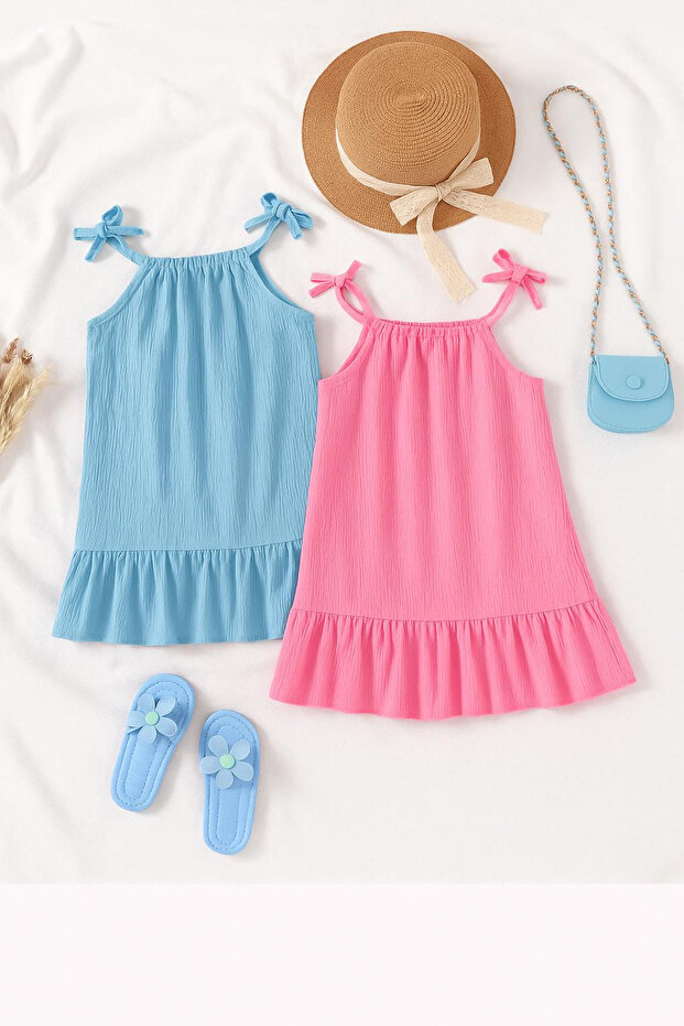 Relaxed Cut Ruffled Rope Strap Woven Fabric 2-Piece Children's Dress
