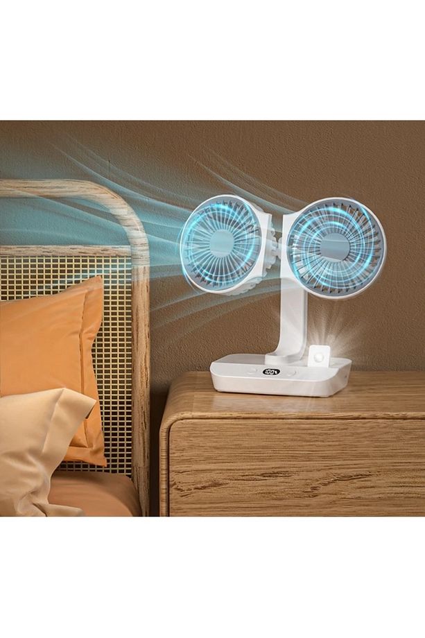 MASAÜSTÜ OTOMATİK SALINIMLI VANTİLATÖR ŞARJLI LED IŞIKLI 360 DERECE AYARLANABİLİR ASKILI FAN - 6