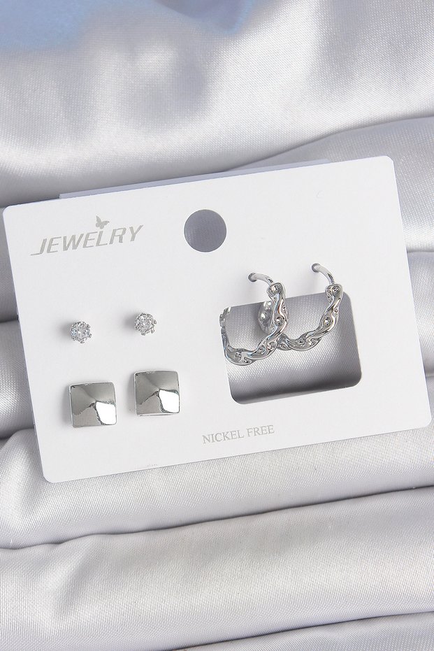 Brass Silver Color Zircon Stone Twist Ring Model Square Detail 3 Pairs Women's Earrings Set Sl11862