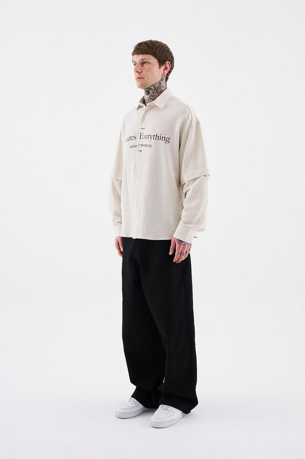 Erkek Printed Detachable Sleeve Gömlek Ecru - 6