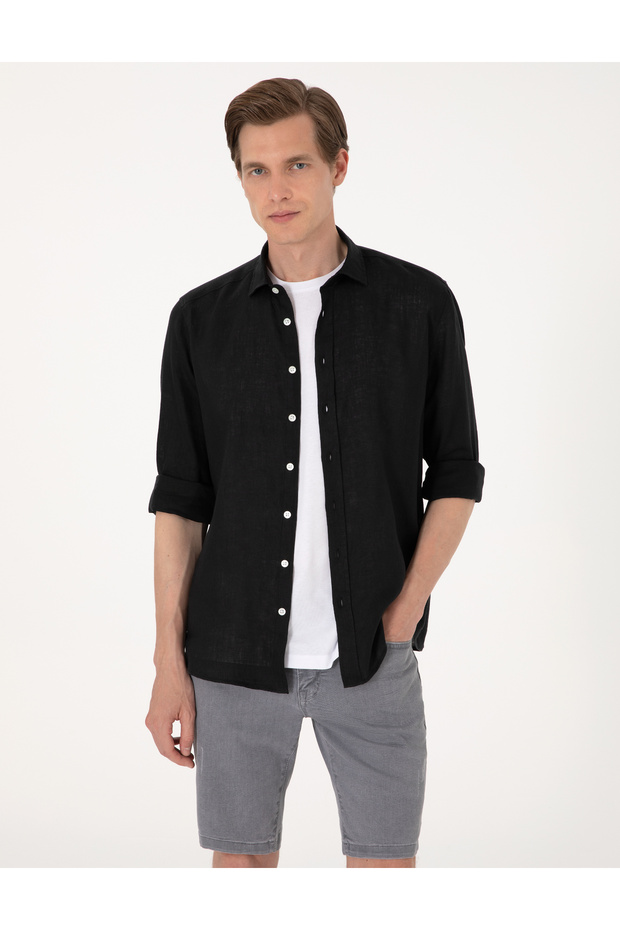Black 100% Linen Regular Fit Long Sleeve Shirt 50303293-Vr046
