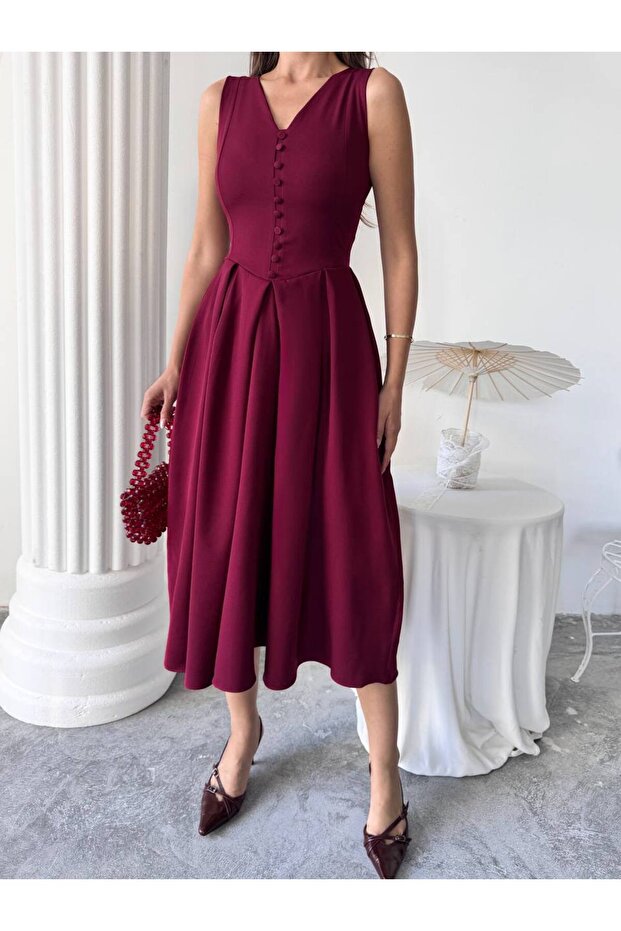 Dore Piliseli Düğmeli Midi Elbise - 6