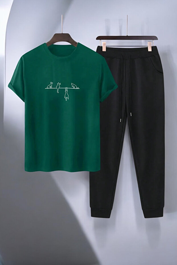 Unisex Naughty Cats Design Printed Tshirt Tracksuit Set