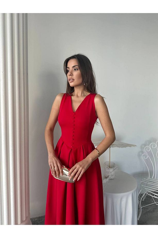 Dore Piliseli Düğmeli Midi Elbise - 6