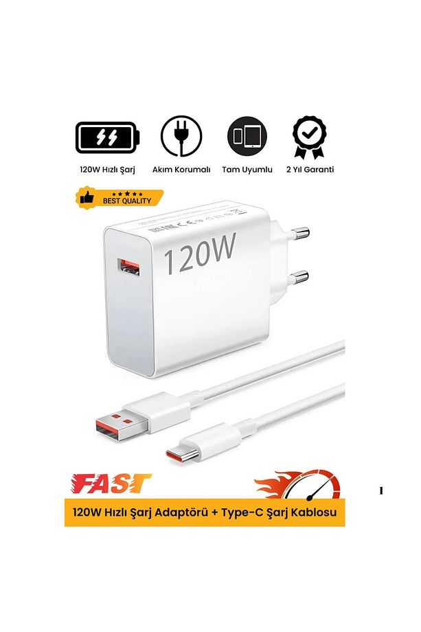 120W Turbo Ultra Hızlı Akım Korumalı Şarj Aleti USB- Type-C Kablo ve Adaptör Şarj Seti - 1