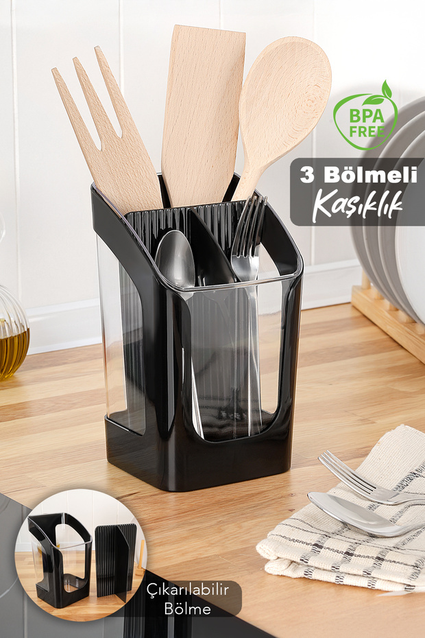 3 Compartment Countertop Cutlery Holder - Spoon Knife Stand with Removable Compartments Kitchen Organizer Black