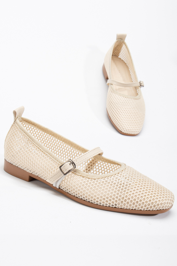 Women's Beige Oval Toe Mesh Ballerinas