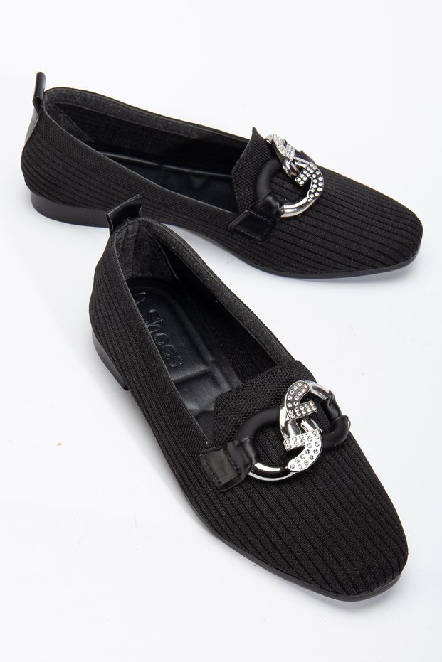 Women's Black Front Buckle Detailed Knitwear Ballerina Ballet