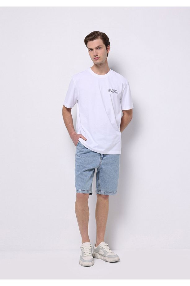 Regular Fit Orta Bel Düz Erkek İndigo Jean Şort - 1