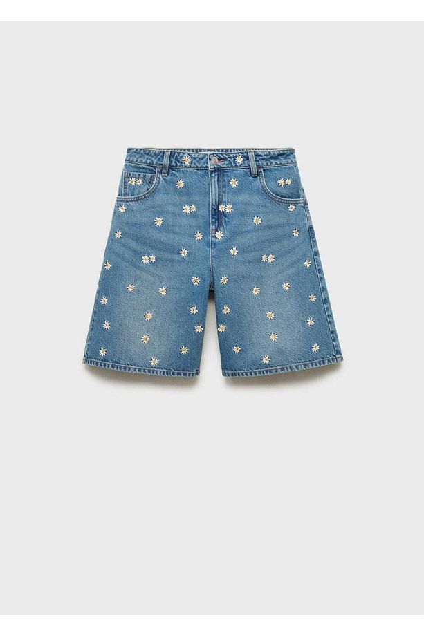 Çiçek Işlemeli Denim Bermuda Şort - 3