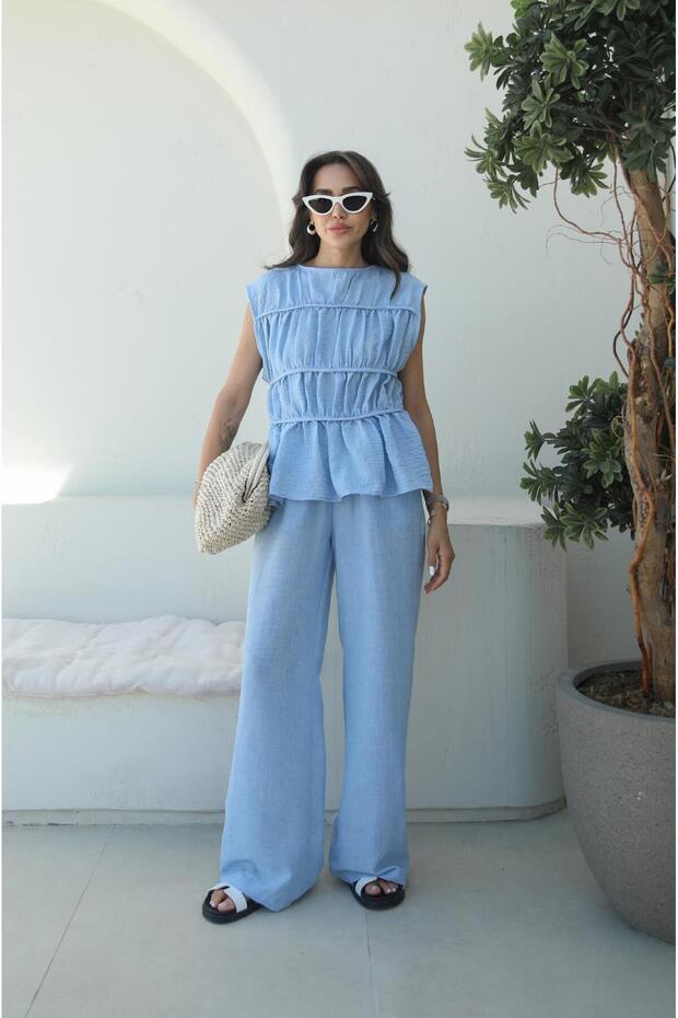 مجموعة سراويل بلوزة ذات طبقة زرقاء - 1