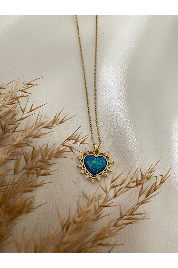 Blue Pearlescent Stone Heart Steel Necklace