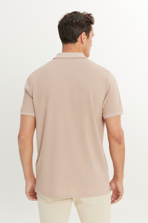 Erkek Çekmeyen Pamuklu Kumaş Comfort Fit Rahat Kesim Bej-beyaz Kıvrılmaz Polo Yaka Cepli Tişört - 5
