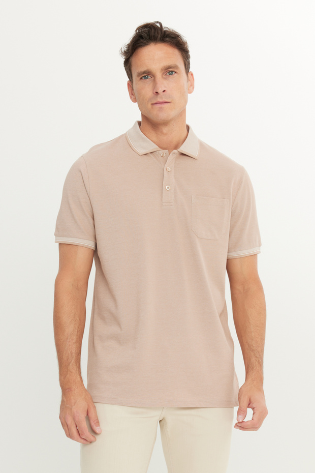 Erkek Çekmeyen Pamuklu Kumaş Comfort Fit Rahat Kesim Bej-beyaz Kıvrılmaz Polo Yaka Cepli Tişört - 3