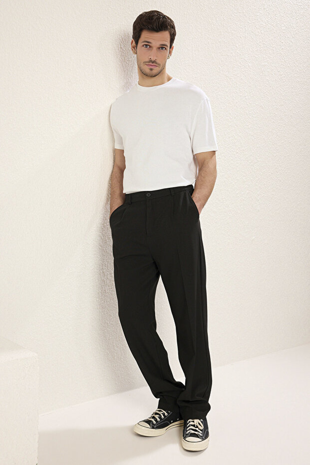 Siyah Wideleg Baggy Rahat Kalıp Dokuma Kumaş Pantolon TMNSS25PL00009 - 3