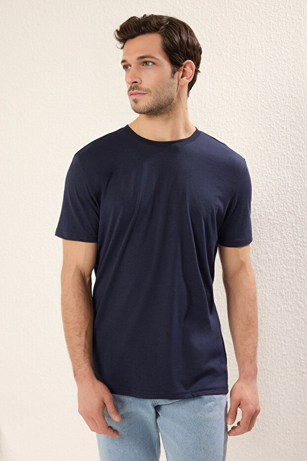 Lacivert Basic Regular/Normal Kesim Bisiklet Yaka Kısa Kollu T-Shirt TMNSS22TS0271 - 1