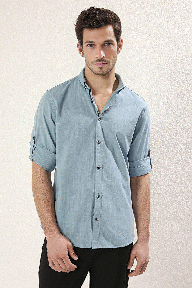 Mavi Düğmeli Yaka Apoletli Slim Fit %100 Pamuklu Keten Görünümlü Gömlek TMNSS20GO0189 - 1