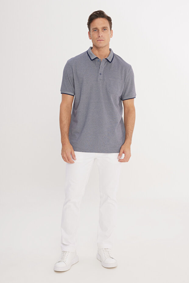 Erkek Çekmeyen Pamuklu Kumaş Regular Fit Rahat Kesim Lacivert Kıvrılmaz Polo Yaka Cepli Tişört - 2