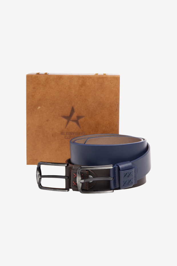 Erkek Lacivert-Kahverengi Özel Ahşap Hediye Kutulu 2'li Kot Kemeri Seti Damat Bohçası - 1