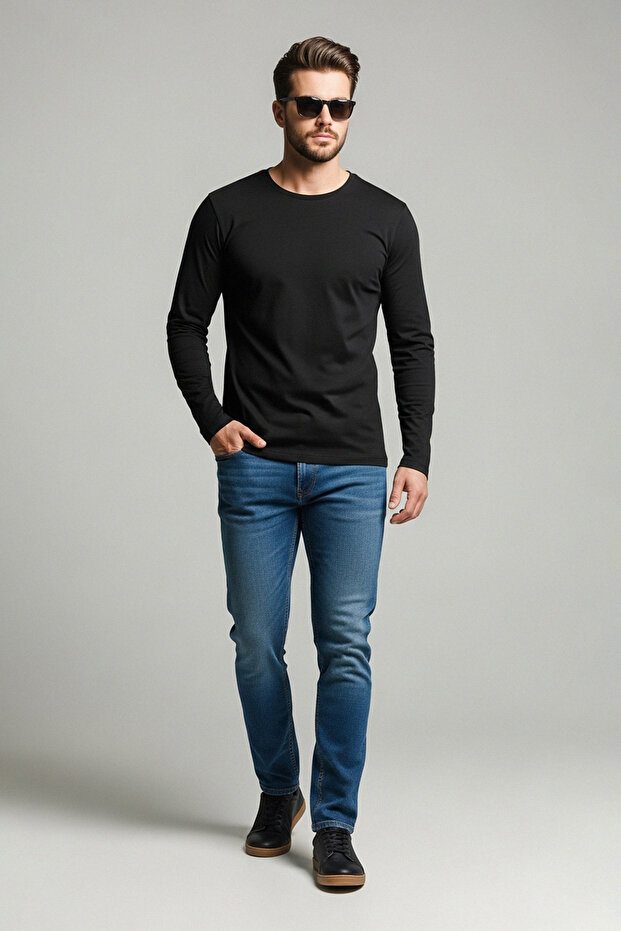 Siyah Basic Regular/Normal Kesim Bisiklet Yaka Uzun Kollu %100 Pamuk Tok Kumaş T-shirt TMNAW21TS0208 - 3