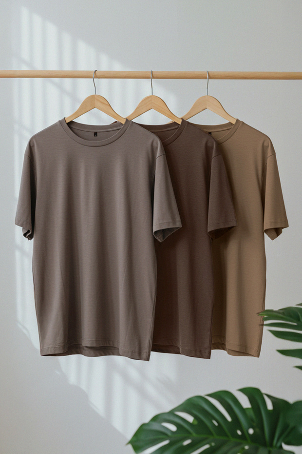 Kahverengi-Bej-Gri Oversize/Geniş Kesim 3'lü Paket %100 T-Shirt TMNSS24TS00026 - 1
