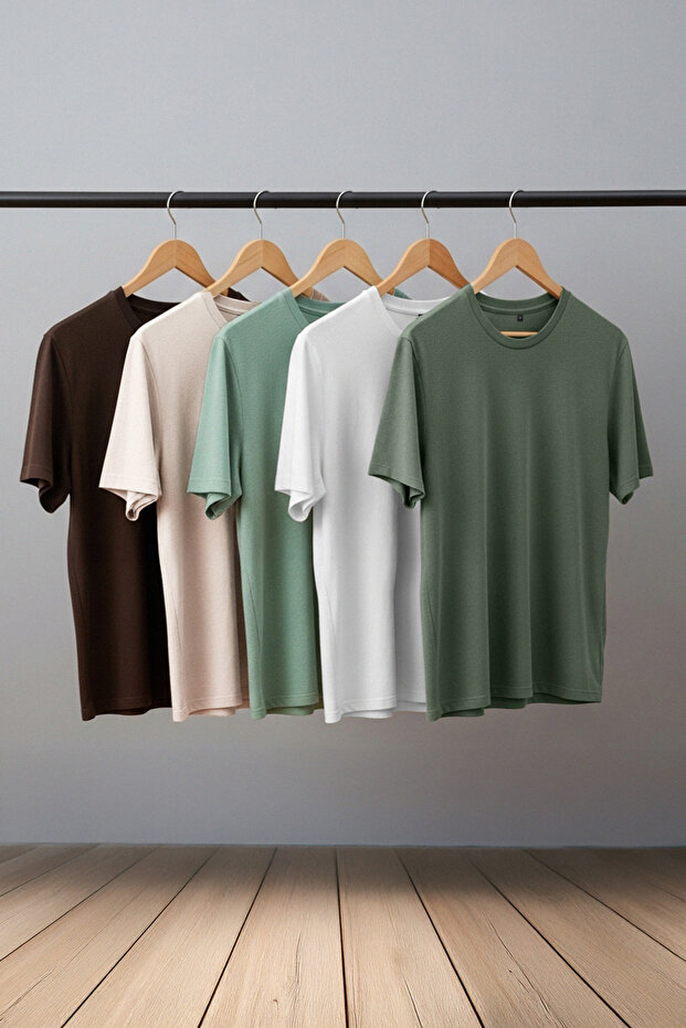 Unisex Mint-Haki-Kahverengi Slim/Dar Kesim 5'li Paket %100 Tok Kumaş T-shirt TMNAW20TS0243 - 2