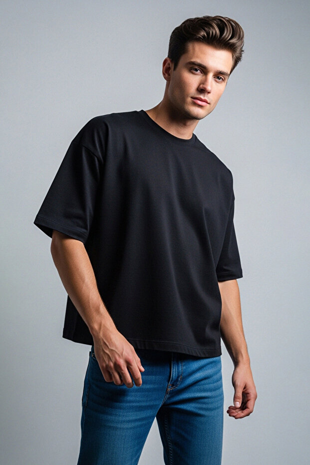 Siyah Loose/Düşük Omuz %100 Pamuklu Basic T-Shirt TMNSS25TS00162 - 2