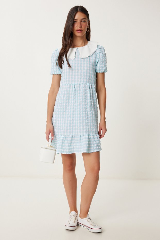 Women's Water Green Checkered Summer Mini Woven Dress Tp00058