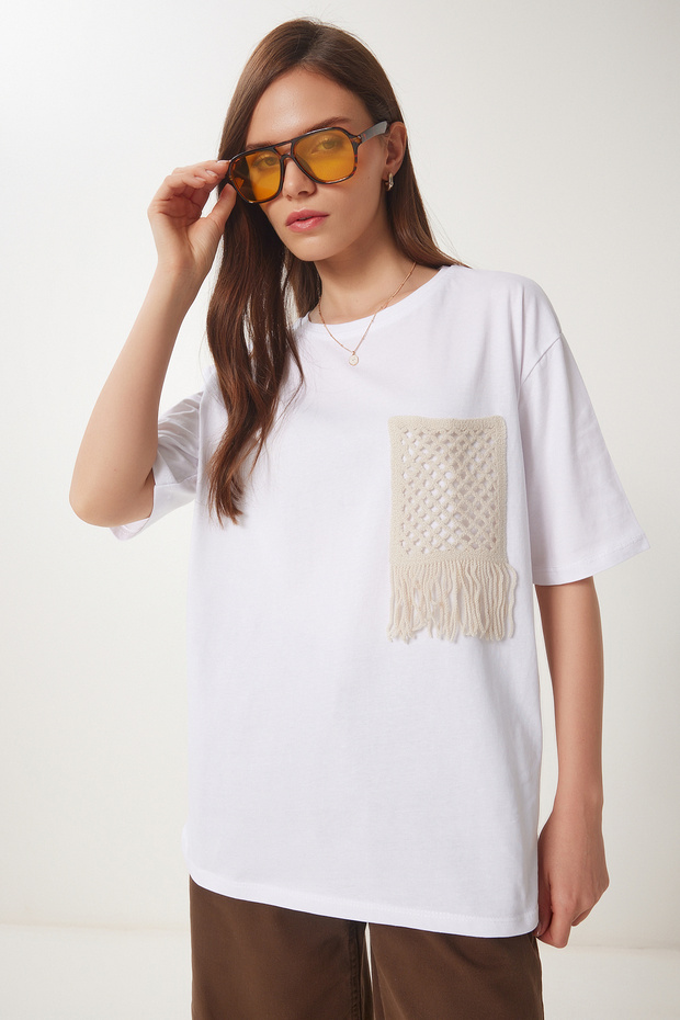Women's White Oversize Embroidery Pocket Knitted T-Shirt Zv00277