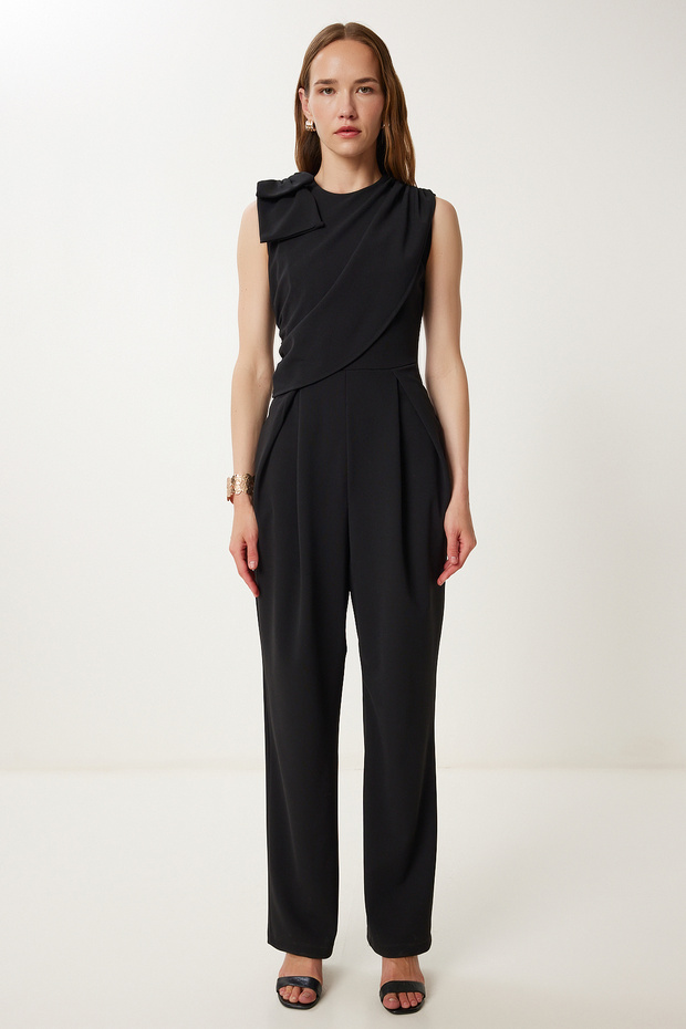 Women's Black Bow Detailed Woven Jumpsuit Wf00111
