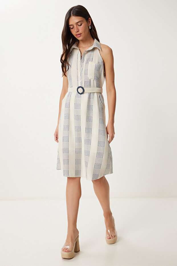 Women's Cream Navy Blue Patterned Belted Summer Linen Dress Tp00068
