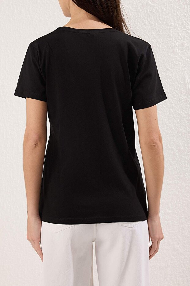Siyah*001 %100 Pamuk Pul Payetli  Regular Örme T-Shirt TEDSS25TS00000 - 4