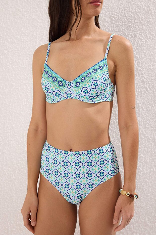 Çini Desenli Taş Baskı Balconette Kaplı Hipster Yüksek Bel Bikini Takımı TBESS25BT00142 - 3