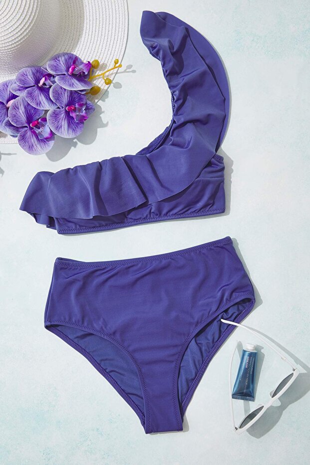 Mavi Volanlı Tek Omuz Kaplı Bikini Üstü TBESS21BU0039 - 1