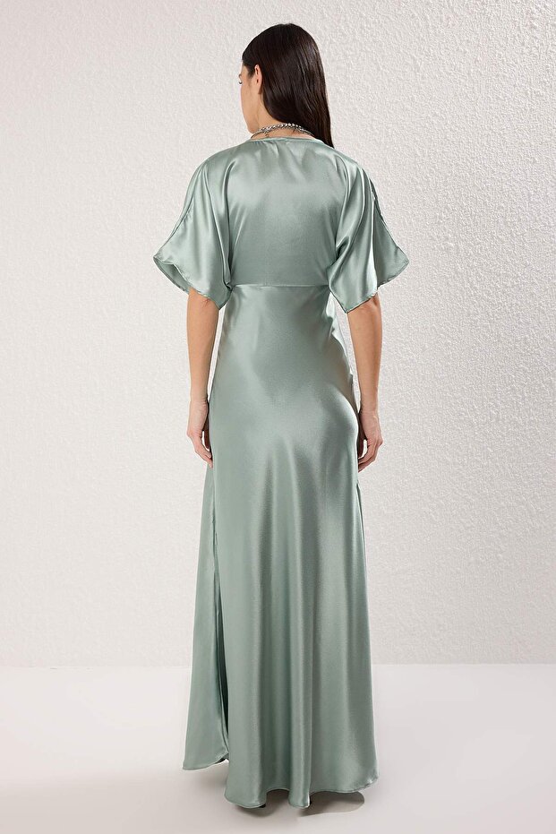Mátové saténové maxi večerní šaty a šaty s výstřihem do V TPRSS25AE00113 - 5