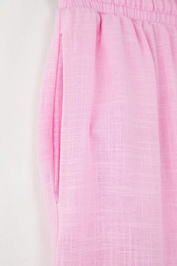 Açık Pembe Keten Görünümlü Wide Leg/Geniş Paça Şort Astarlı Beli Lastikli Pantolon TWOSS25PL00121 - 7