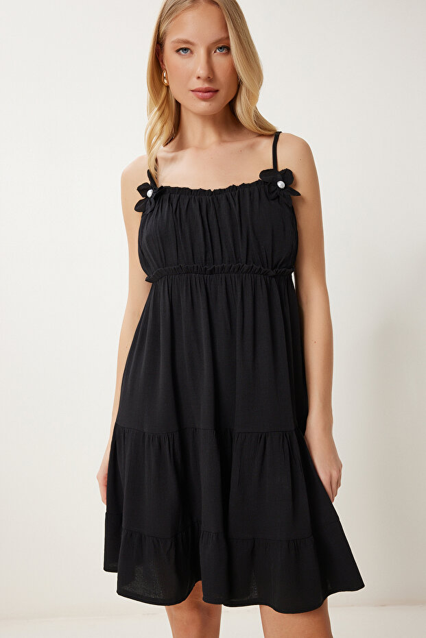 Pearl Flower Detailed Mini Viscose Dress Black Llc0002