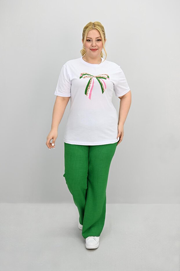 Women's Plus Size Ribbon Detailed Sequin Embroidered Tracksuit Set 8200-25