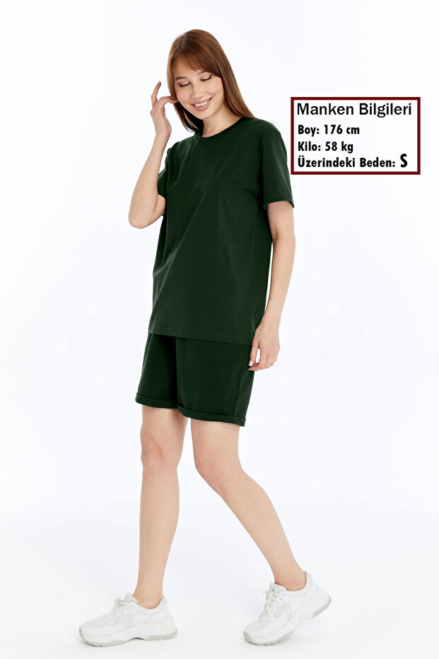 Women's 2-Piece Khaki T-Shirt & Double Leg Shorts Set, Combed Cotton, Lycra Fabric Regular Fit