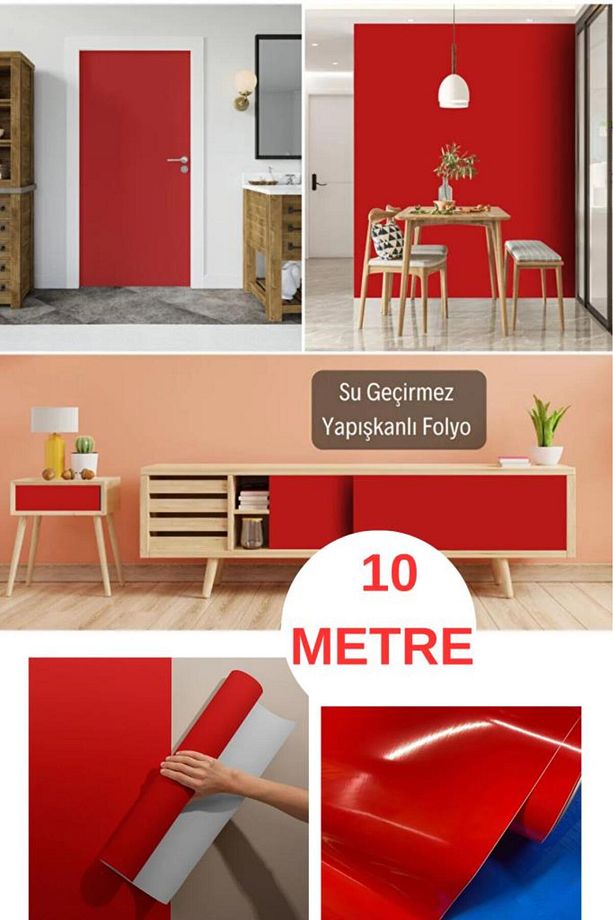 67cm x 10Metre 1 Adet Rulo Folyo Yapışkanlı Düz Kırmızı Mutfak Duvar Kaplama Folyosu Kağıdı - 1