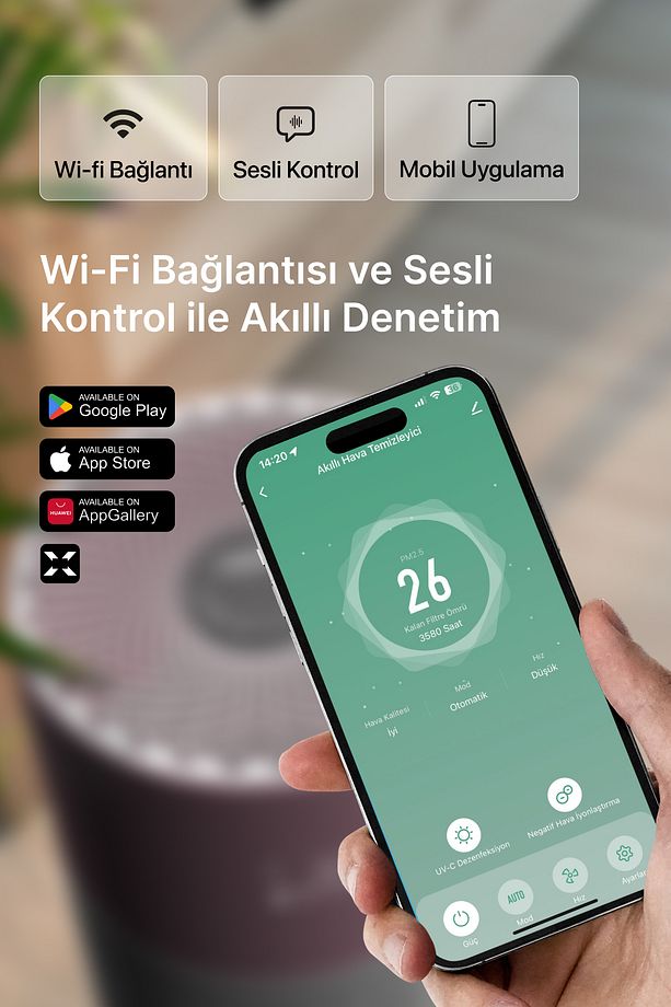 Akıllı Hava Temizleyici 70 M2 Wi-fi Mobil App Air Purifier Cadr 550m³ Karbon Hepa Filtre X7420 Pembe - 9