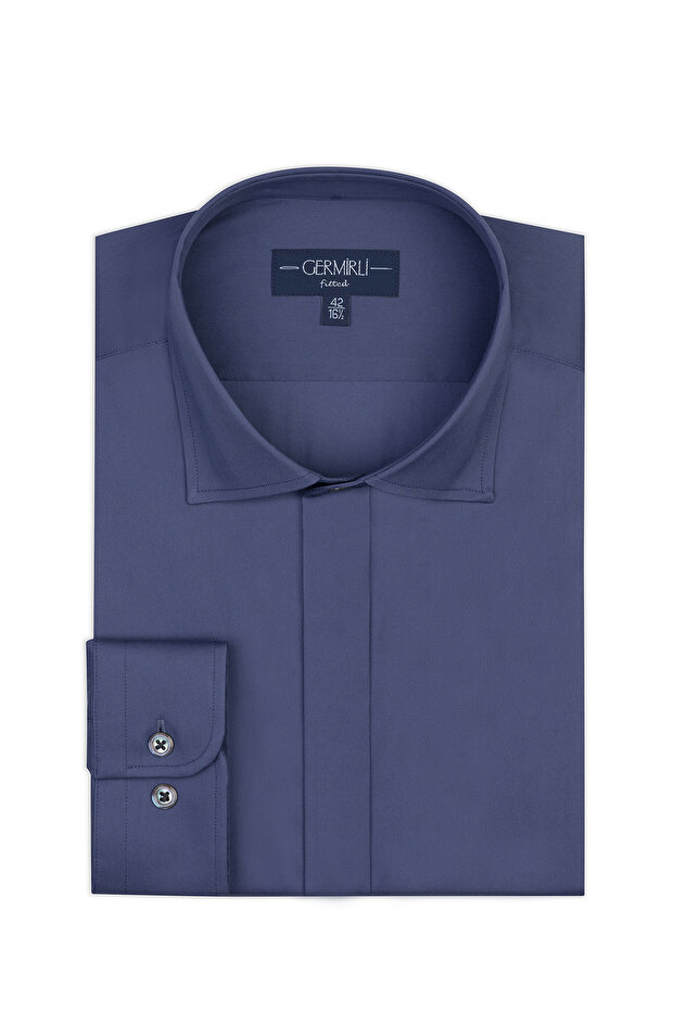 قميص Azur Blue Secret Placket ذو ياقة كلاسيكية من القطن المطاطي