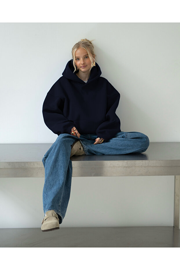 Oversize Kapşonlu Basic Baskısız Okul Sweatshirt - 2