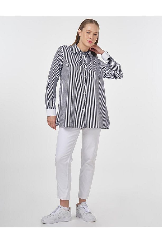 Pamuk Karışımlı Çizgi Desen Basic Tunik Lacivert - 2