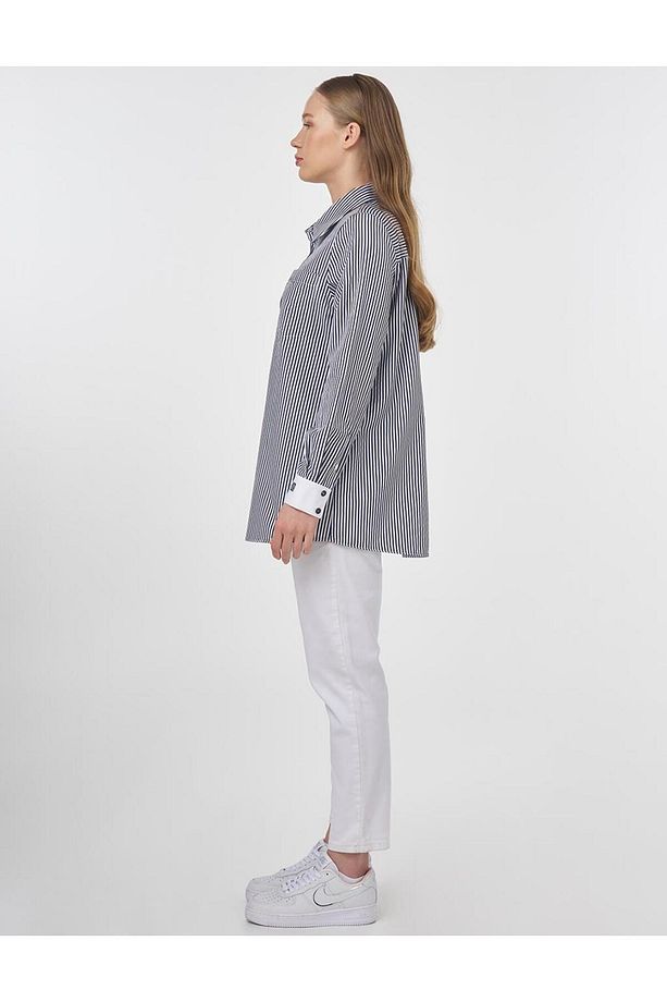 Pamuk Karışımlı Çizgi Desen Basic Tunik Lacivert - 4