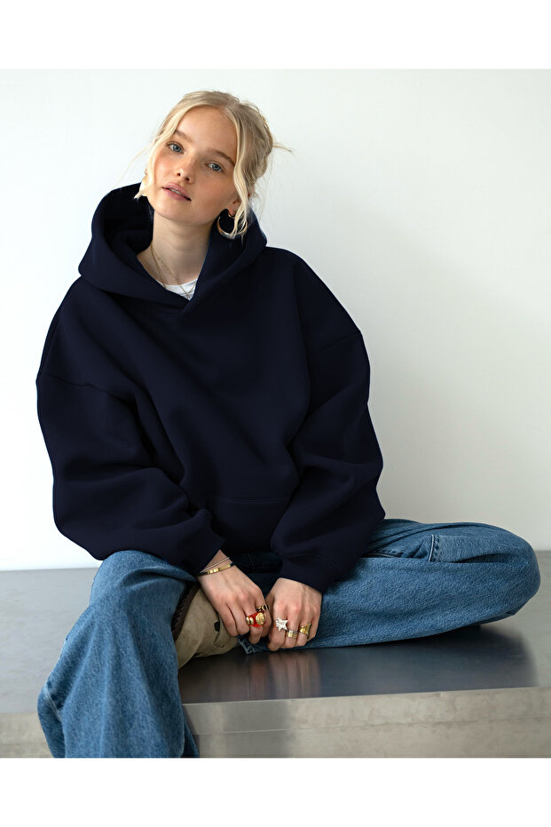 Oversize Kapşonlu Basic Baskısız Okul Sweatshirt - 3