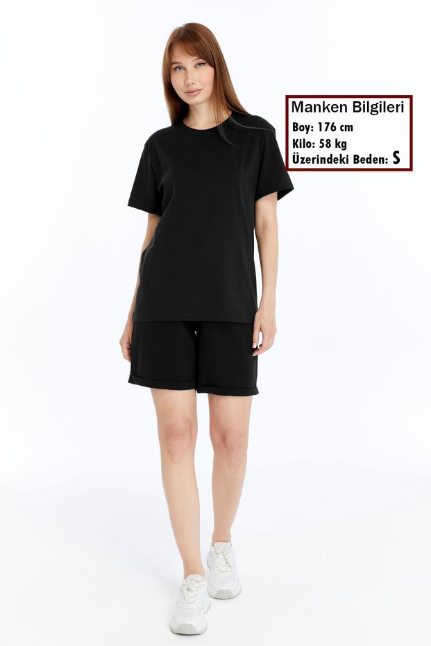 Women's 2-Piece Black T-Shirt & Double Leg Shorts Set, Combed Cotton, Lycra Fabric Regular Fit