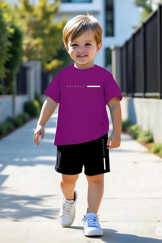 Boy's Purple Balance Printed Tshirt Shorts Bottom-Top Set 5-6 / 11-12 Years Old