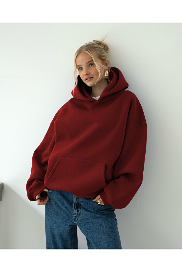 Oversize Kapşonlu Basic Baskısız Okul Sweatshirt - 1